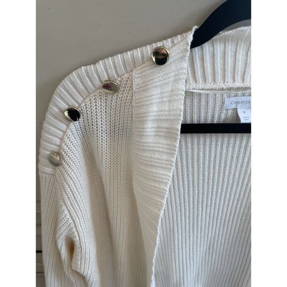 Charter Club Beige Knit Open Front Cardigan Gold Button Shoulder Cotton Blend‎ M - Picture 2 of 6